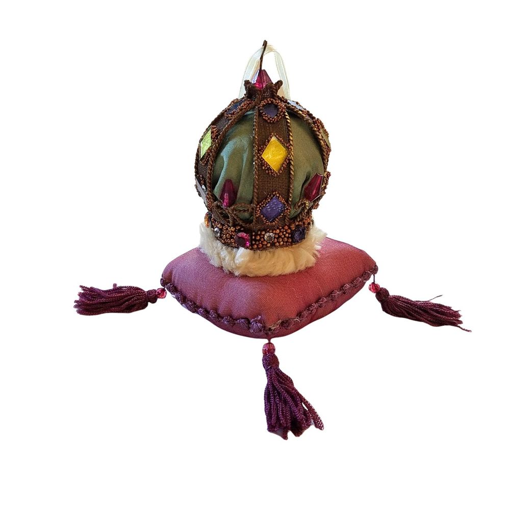 Vintage Fortunoff’s Green Pink Crown Coronation Pillow Ornament with Jewels RARE
